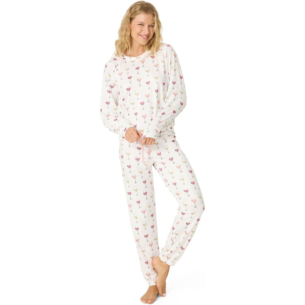 PJ Salvage Wine Glass Print Pajama Set XS White Long Sleeve Joggers Loungewear